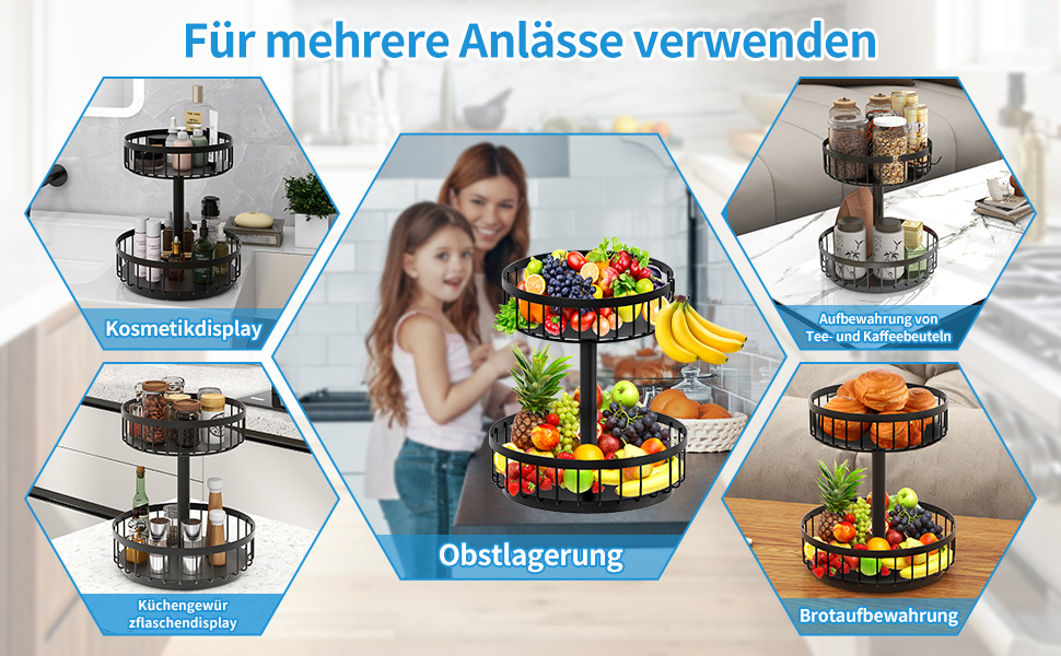 ZDDLOINP Обмежувач для фруктів та овочів, чорний, 2 яруси - органайзер для зберігання, велика фруктова корзина, етажерка для кухні, зберігає фрукти та овочі свіжими