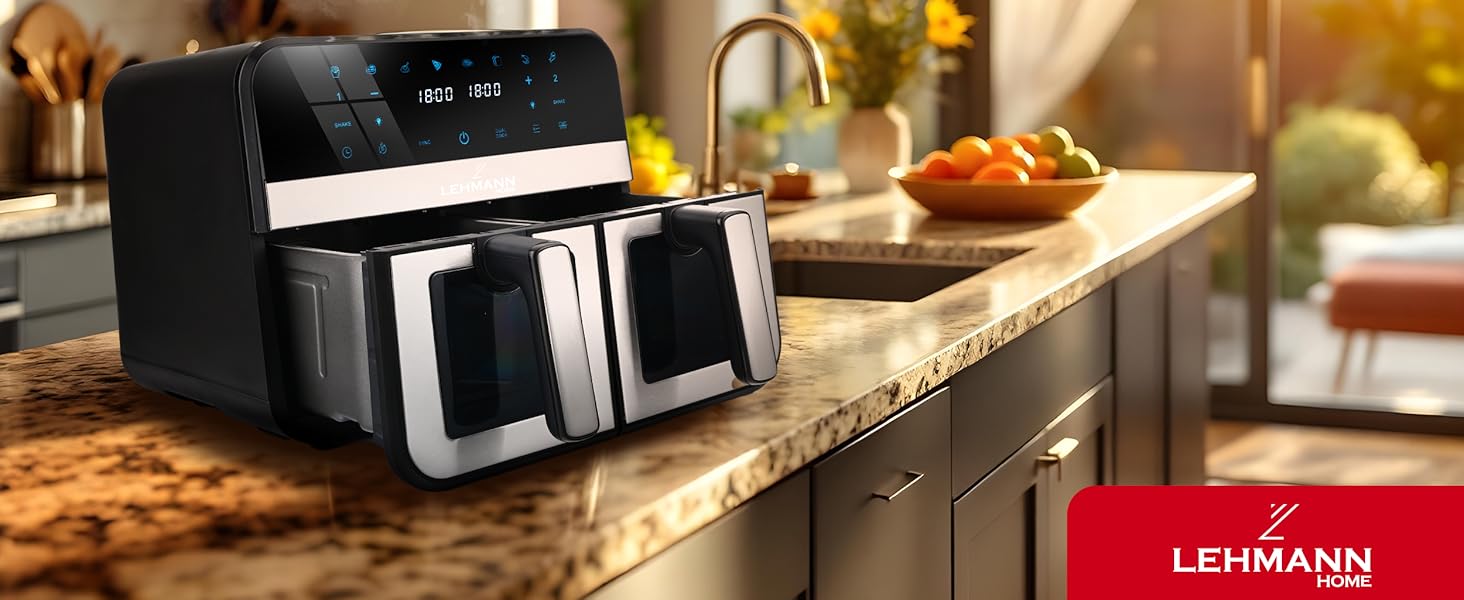 Фритюрниця повітряна LEHMANN з 2 камерами, 9л, 2400 Вт, AirFryer XXL з 12 програмами, до 200°C, WiFi, без олії, з технологією Air Fry – гриль, випічка, ферментація, дегідратація