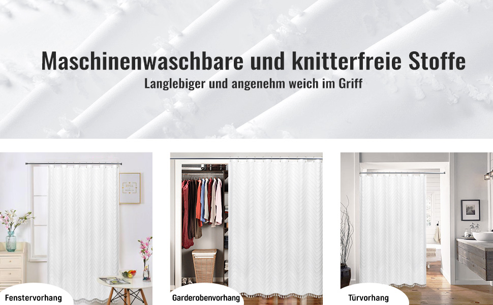 Штора для душу BTTN 180x200 см, бохо-стиль, бежева з пензликами, водонепроникна, з 12 гачками