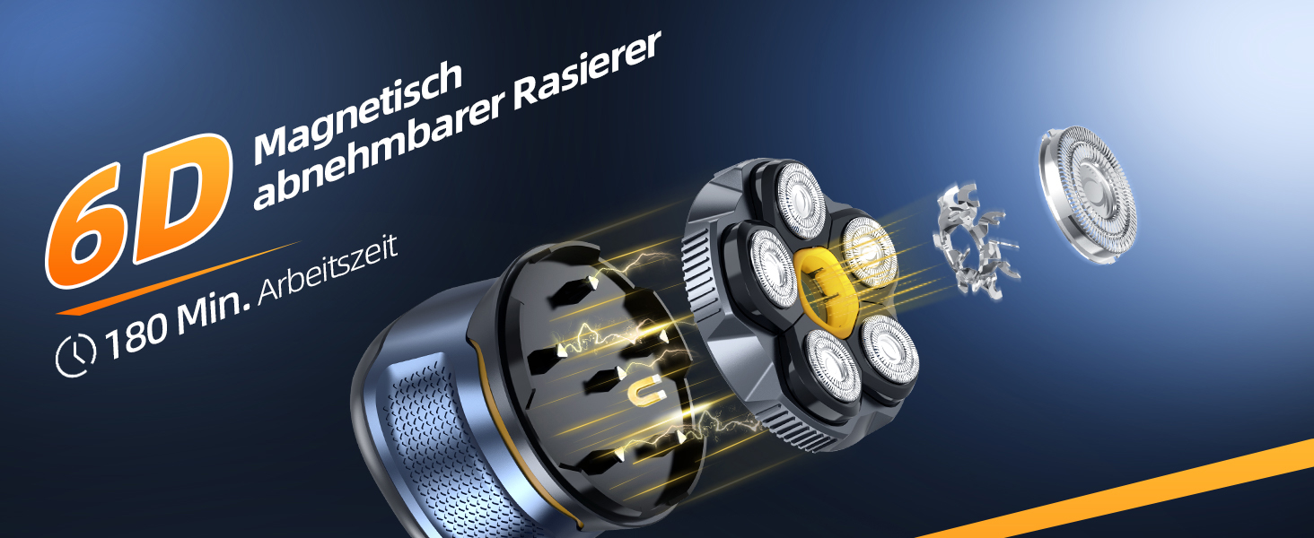 Електрична бритва для гоління голови Glatzen 6D, чоловіча, 2 режими, магнітна, IPX7 водонепроникна, Type-C, для сухого та вологого гоління 0.0 мм