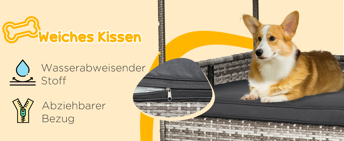 Лежанка для собак PawHut з дахом, ротанг, для вулиці, 69 x 98 x 70 см (Сірий)