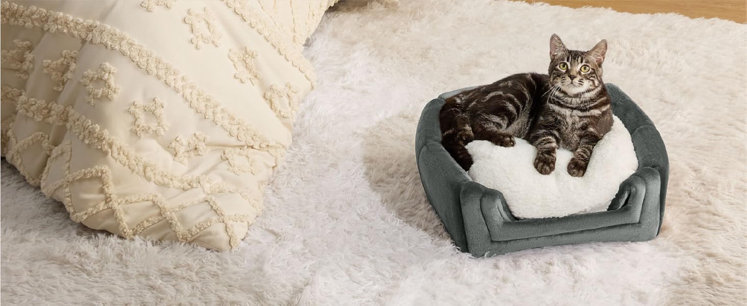 Кігтеточка-будиночок для котів BEDSURE велика, сіра - складане ліжко з миючими подушками, будиночок для кошенят, маленьких та середніх тварин, м'яке та тепле котяче ліжко для дому, 40x40x40 см (L 44 x B 44 x H 44 см, кашемір-фланель)