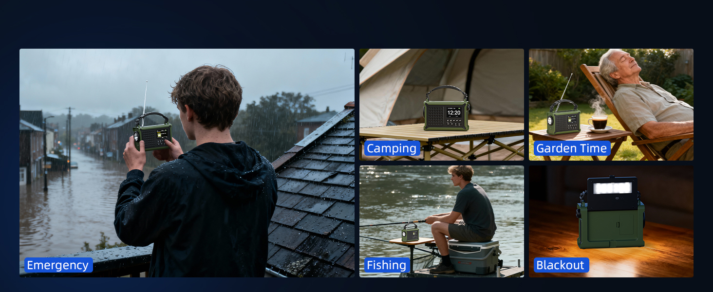 Радіоприймач Kurbelradio з DAB/DAB+/UKW, сонячною панеллю 8500 мм², акумулятором 12000 mAh та ручним генератором 650 mA. Радіо з Bluetooth 5.0, ліхтарик, зарядний пристрій USB, для кемпінгу та надзвичайних ситуацій (зелений)