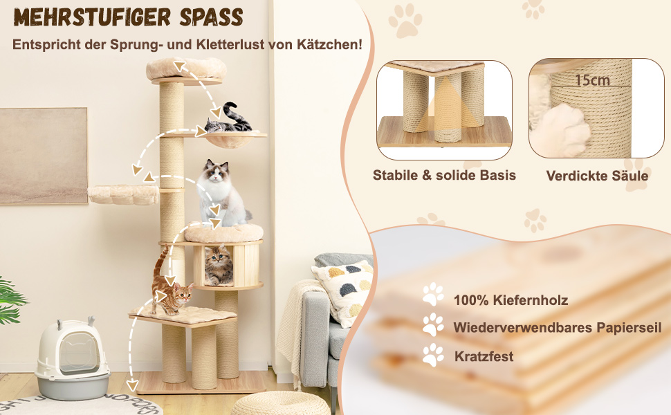 Дерев'яний кігтечка Costway 197 см з гамаком, будиночком та кошиком для котів, 7-ярусний, бежевий