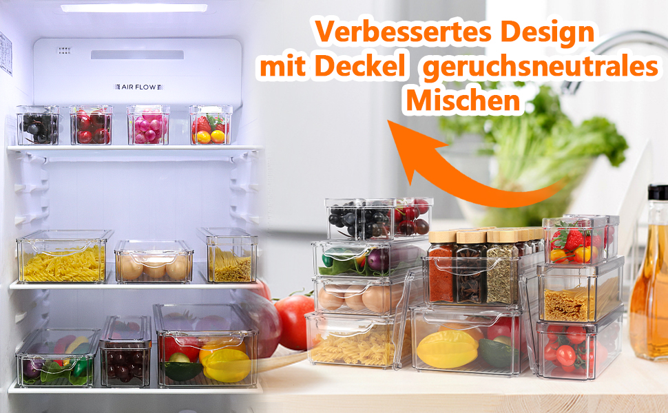 Refrigerator Organizer Set, 6-Piece Organizer Boxes for Refrigerator with Lids, Transparent Refrigerator Boxes Stackable, Storage Boxes for Refrigerator for Kitchen Cabinets