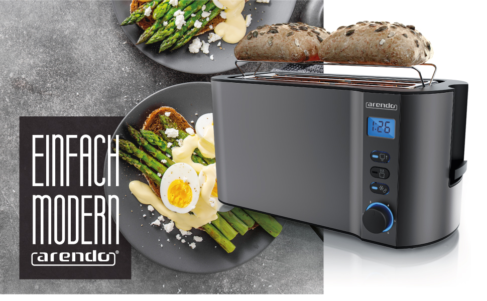 Тостер Arendo з нержавіючої сталі з 4 широкими слотами, подвійні стінки, вбудований тримач для булочок, 6 ступенів підсмажування, центрування хліба, автоматичне відключення, дисплей з відображенням часу (A: Cool Grey)