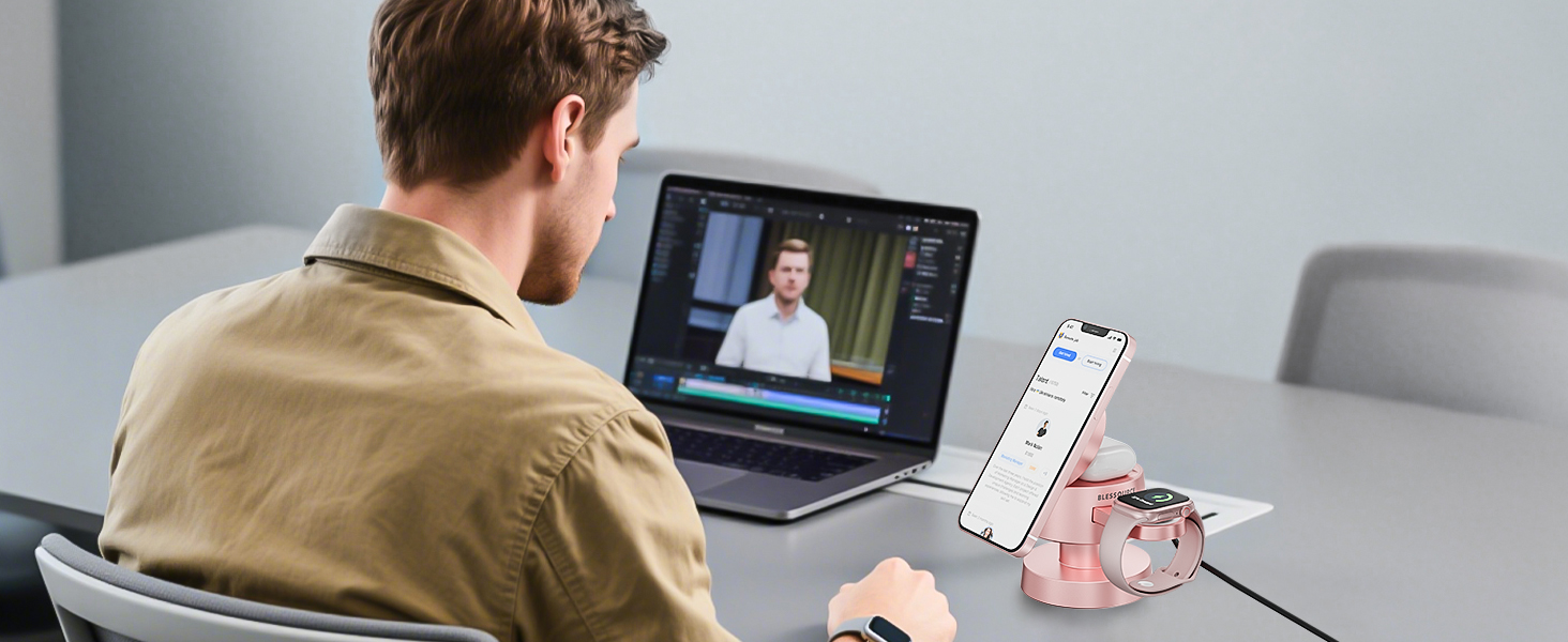 Бездротова зарядка 4-в-1 для iPhone 17/16/15/14 Pro Max з нічним світлом, сумісна з Apple Watch та AirPods, рожева