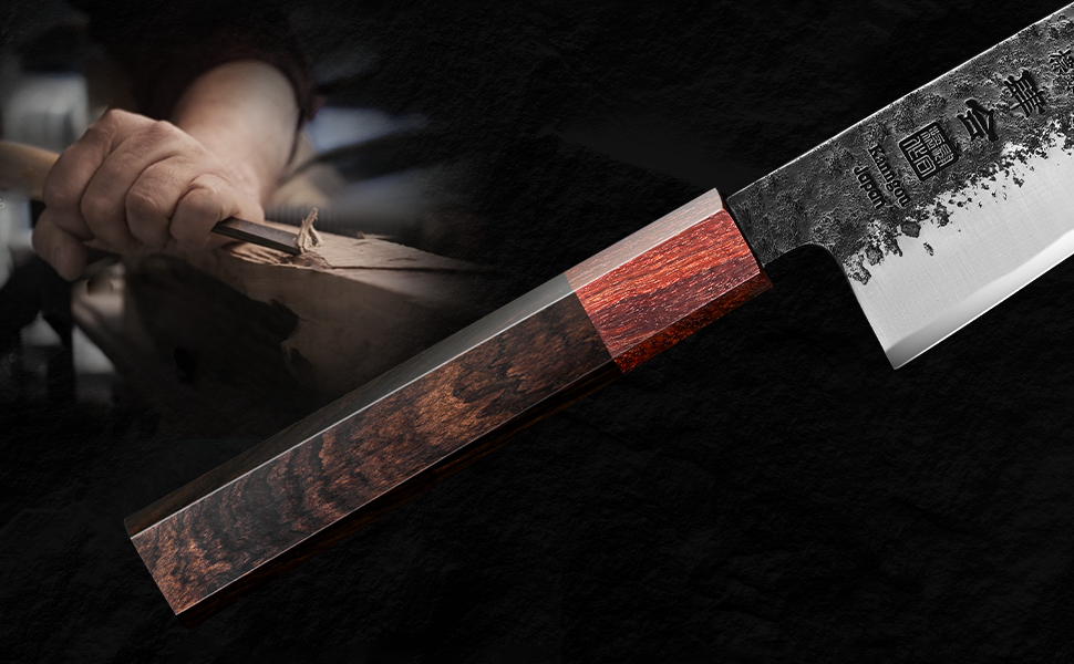 Японський ніж Gyuto Kanngou 21 см, AUS-8 сталь, дерев'яна рукоятка (дуб/чорне дерево), подарункова коробка