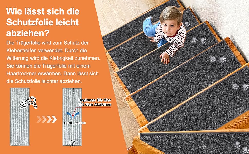 BEQHAUSE Килимки на сходи нековзні, 15 шт., машинне прання, самоклеючі, для дітей, літніх людей та домашніх тварин, 100% поліестер, TPE-підкладка, 22x70 см, темно-сірий, 15 шт.