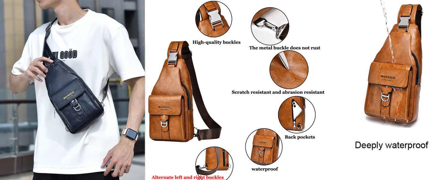 Чоловіча шкіряна сумка через плече, нагрудна, водонепроникна, для подорожей, велоспорту, кемпінгу (темно-коричнева)