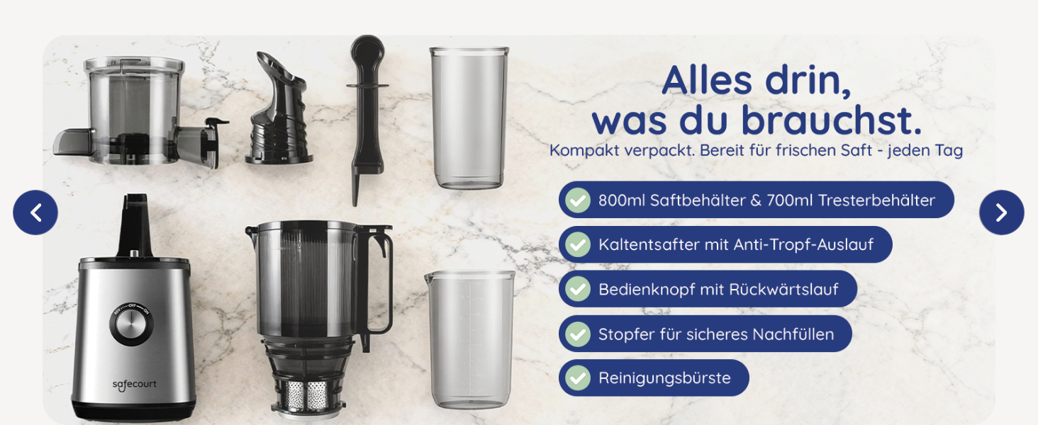 Електрична повільна соковижималка Safecourt для овочів та фруктів (Slow Juicer) з XXL завантажувальним отвором, срібляста