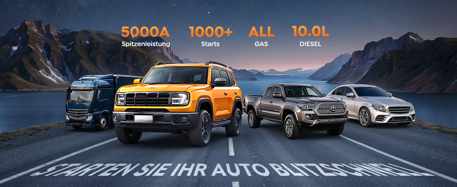 Powerbank Starthilfe 5000A з компресором 150PSI для автомобілів, 12V, бензин/дизель (10.0L), LED, USB-C