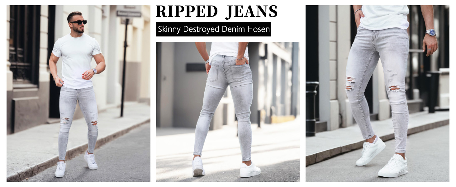 Чоловічі рвані джинси GINGTTO Skinny Stretch Slim Fit світло-сірі (34W/30L)