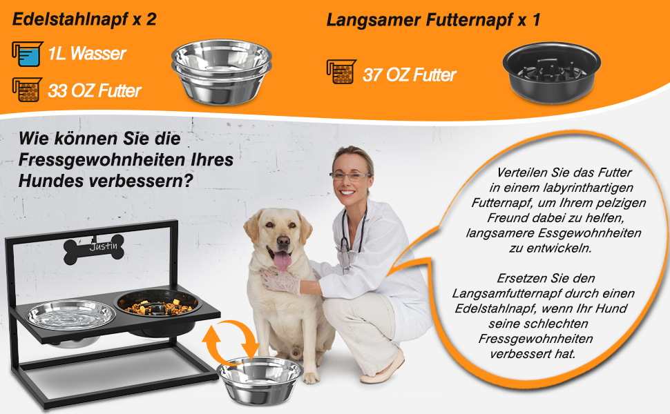 Adjustable Elevated Dog Bowl - 3 Heights, Anti-Tip, Personalized Name Plate, No-Slip Stand - Large & Medium Dog Food & Water Bowls