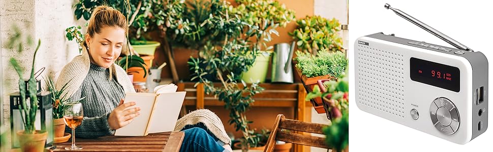 Портативне радіо EMOS з MP3-плеєром та акумулятором, FM радіоприймач, USB-C, Micro SD, білий/сірий