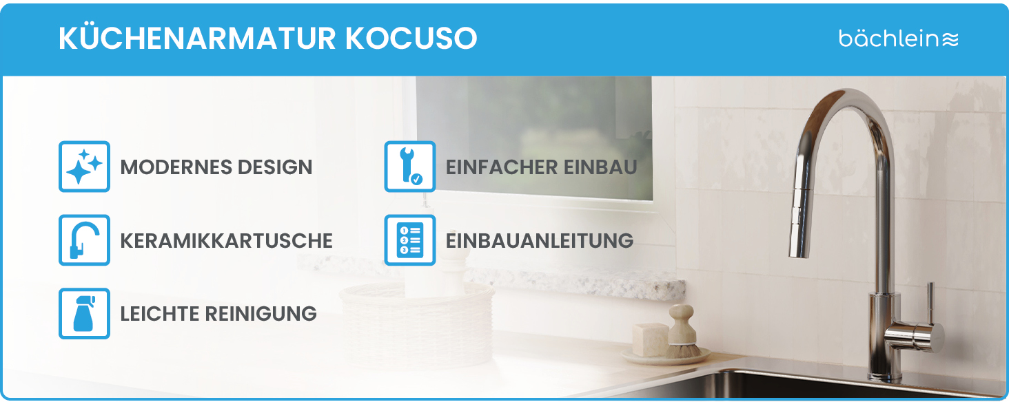 Кухонний змішувач Bächlein Plivo з нержавіючої сталі з висувним виливом, 360° обертання, для кухні, масивний, нержавіюча сталь