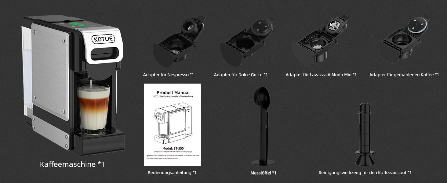Кавомашина KOTLIE ST-550 Multi-Kapsel: 4-в-1 для Nes Original, Dolce Gusto, MIO та меленої кави, 19 Bar, 19 Bar, 7 рівнів об'єму води