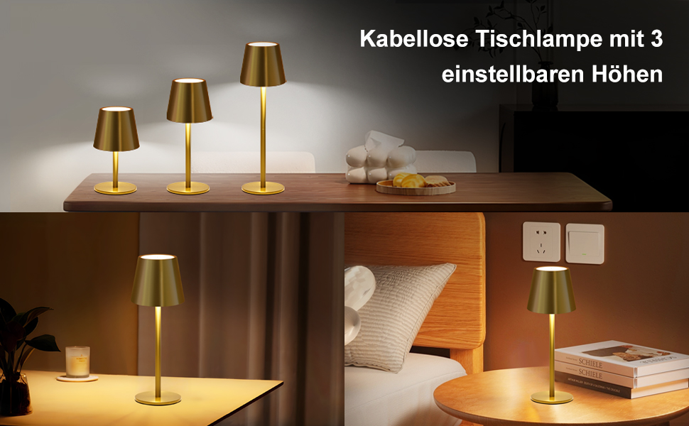 Світлодіодна настільна лампа бездротова з сенсорним керуванням, USB-C, димування, акумуляторна, 3 режими світла, регульована висота, IP54 водонепроникна, золота. Для ресторану, спальні, бару, вулиці