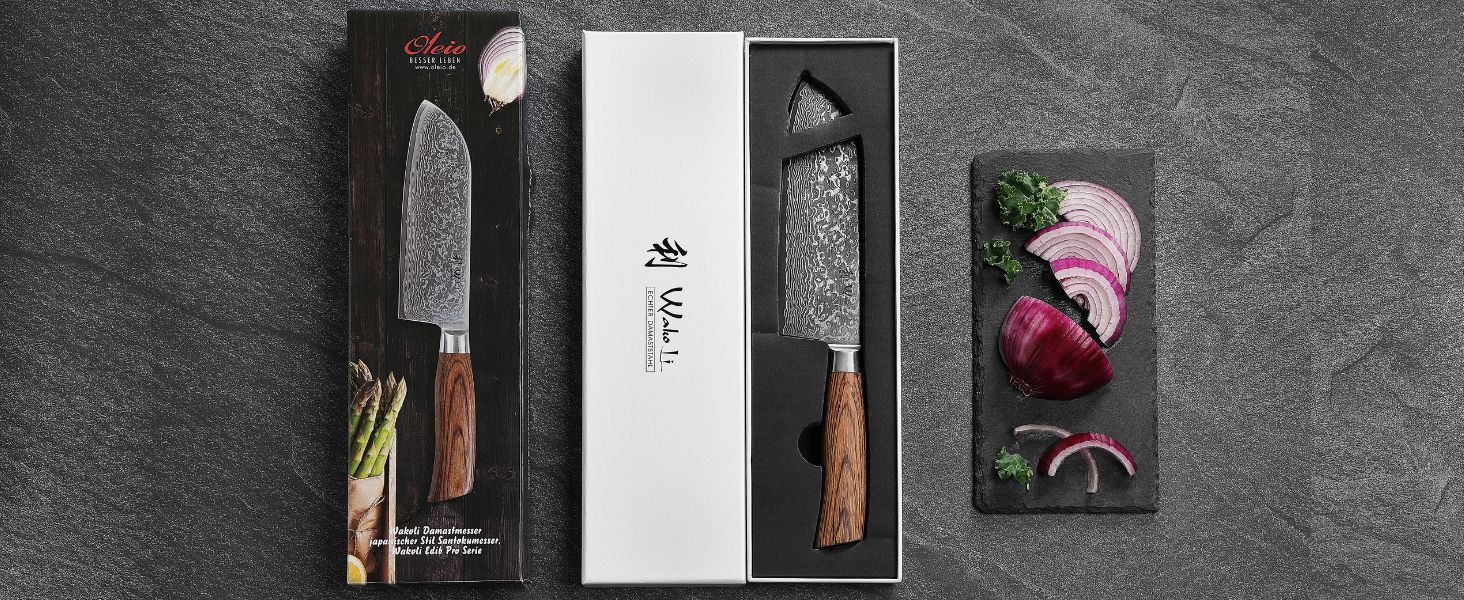 Ніж Santoku Wakoli EDIB Pro Дамаск (VG10) 17 см, рукоять Pakkawood, в подарунковій коробці – для м'яса, риби, овочів