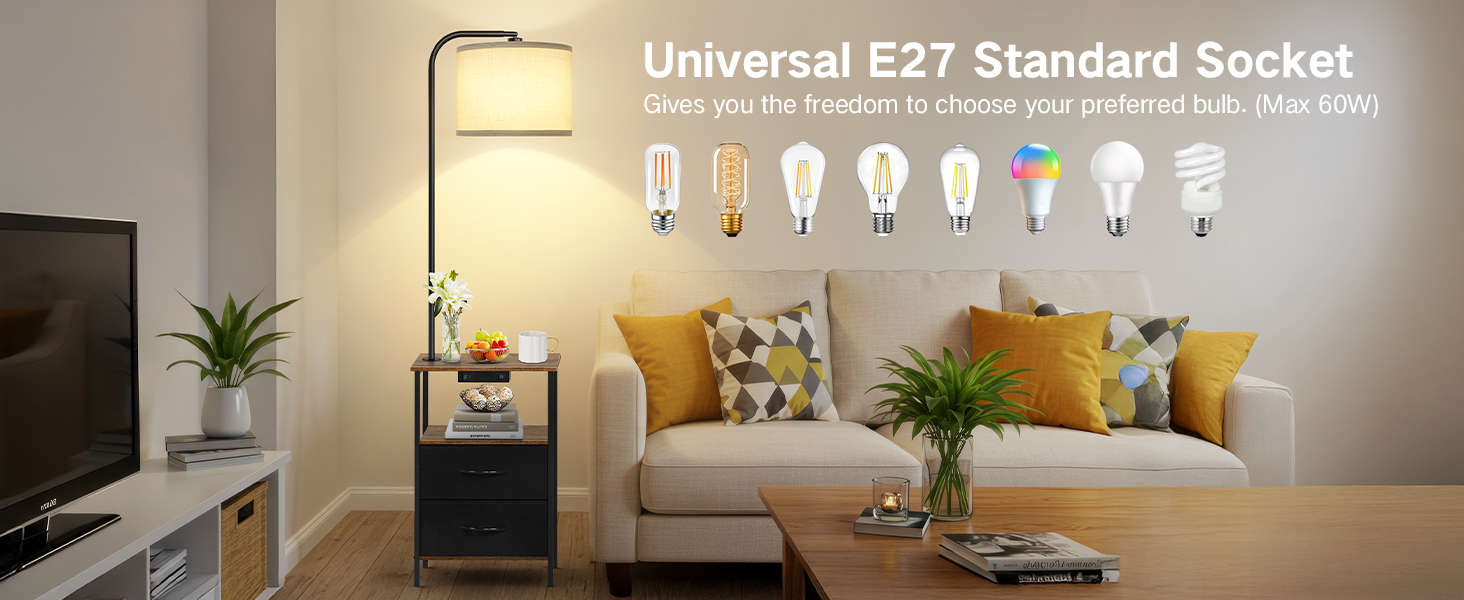 Стельова лампа для вітальні з тумбою та полицею, регульована LED, з пультом, 3 колірні температури, приліжкова тумба з зарядкою та полицею, дерев'яний столик для спальні/офісу (чорний з шухлядами)