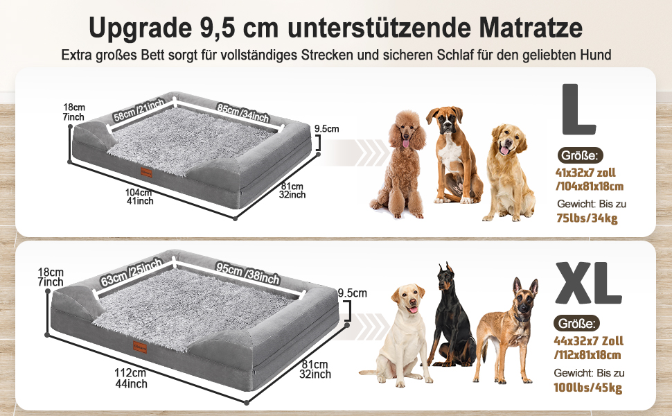 Gimars 9.5 inch Orthopedic Dog Bed for Extra Large Dogs, XL Dog Bed with Bolster & 28D Egg Crate Mattress, Waterproof Cover, Washable Plush Cover, Dog Sofa for Arthritic Dogs - half round (Rectangular, (7.5cm Mattress) L 112 x W 81 x H 17cm)