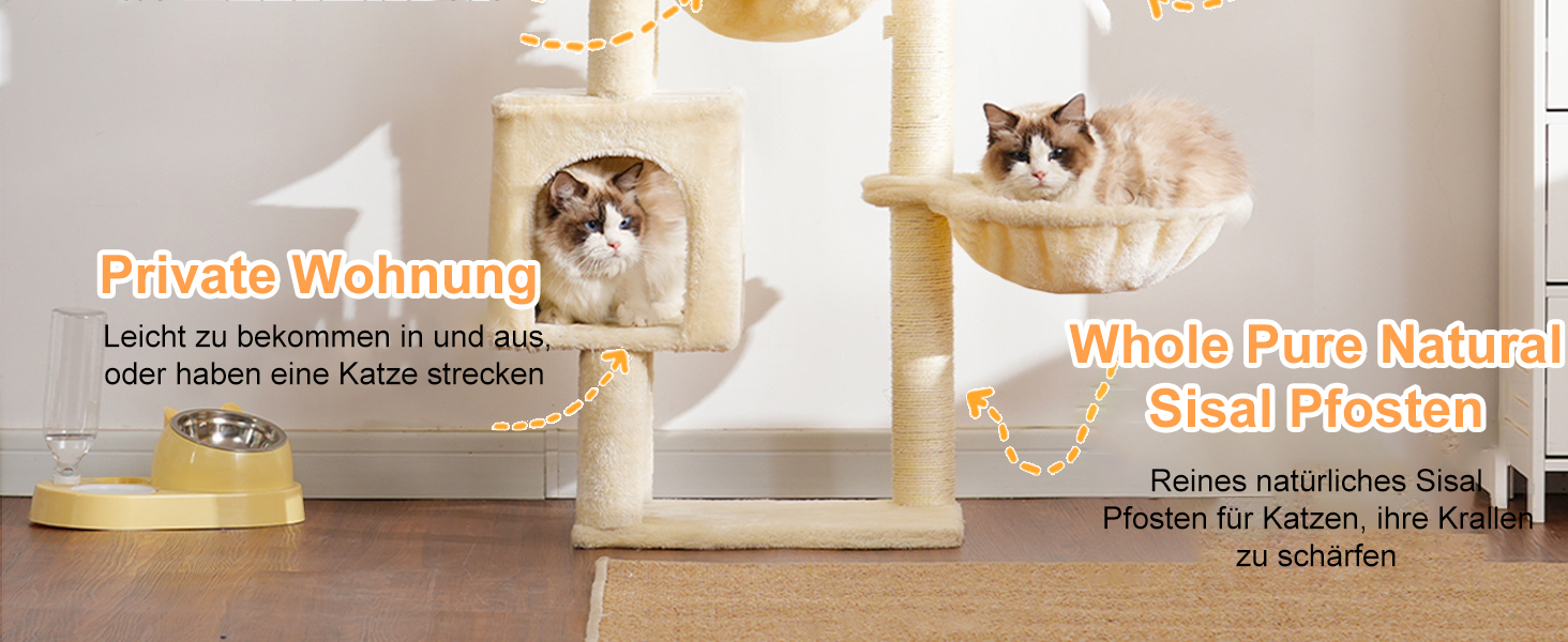 Котячий будиночок Heybly Kratzbaum: 100 см, з платформою, печерею, 2 гамаками та іграшками. Активний котячий будиночок, HCT006SG (Бежевий)