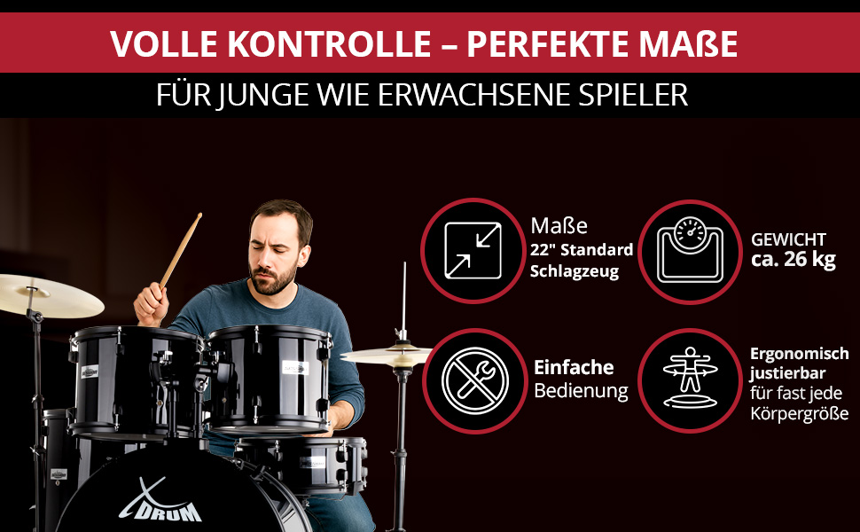 XDrum Rookie 22' барабанний комплект Standard Black - ідеальний для початківців, стильна фурнітура, з паличками 5B, інструкцією та школою барабанщиків