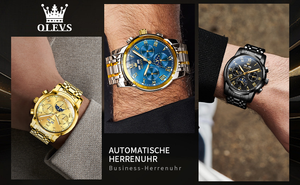 Чоловічий механічний годинник OLEVS 6692 з автопідзаводом: золотистий корпус, чорний циферблат та ремінець, фаза місяця, водонепроникний, люкс бізнес-стиль