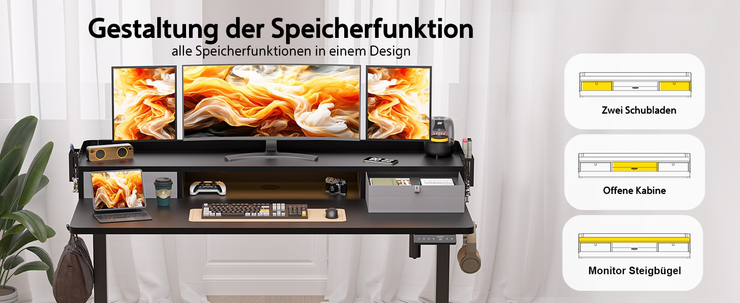 Electric Standing Desk with Drawers - 120x60cm Adjustable Height Desk for Home Office & DIY Pegboard
