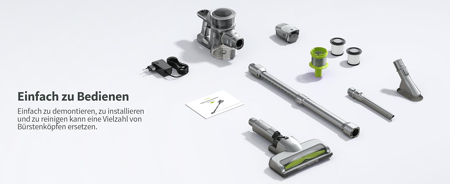 Бездротовий акумуляторний пилосос Kalado 27000Pa, 250W, 45 хв роботи, 1000 мл, для твердих поверхонь, плитки, шерсті тварин, зелений