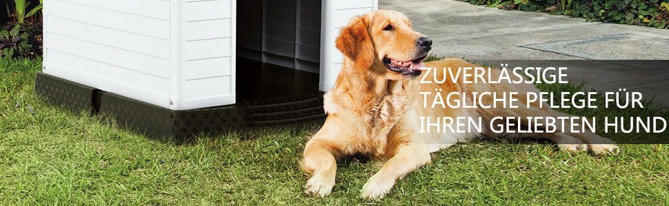 Будка для собак COSTWAY, пластикова хатинка для собак з піднятим дном та водонепроникним дахом, хатинка для домашніх тварин, для саду, приміщень та вулиці, блакитно-біла (70x65x71,5 см)