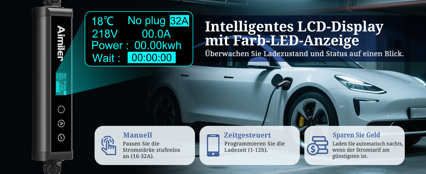 Wallbox 11 кВт з додатком, 400V (8-16A) трифазний, мобільна зарядка 7M, кабель CEE Typ 2, IP66, OLED, для електромобілів Model Y/3, ID.3/4/5, MG4, Zoe та інших PHEV/EV, 22 кВт, 32A, CE&TÜV