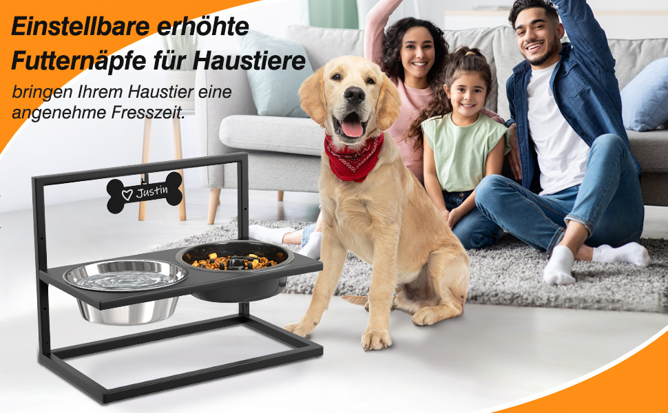 Adjustable Elevated Dog Bowl - 3 Heights, Anti-Tip, Personalized Name Plate, No-Slip Stand - Large & Medium Dog Food & Water Bowls