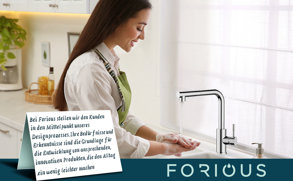 Змішувач для кухні FORIOUS з висувною лійкою та душем, 360° обертання, 2 режими, полірована хром