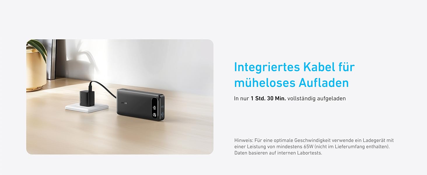 Powerbank Anker 20000mAh з вбудованим USB-C кабелем, 87W, 1 USB-C та 1 USB-A, для MacBook, iPhone, Samsung, Switch та інших пристроїв (Чорний)