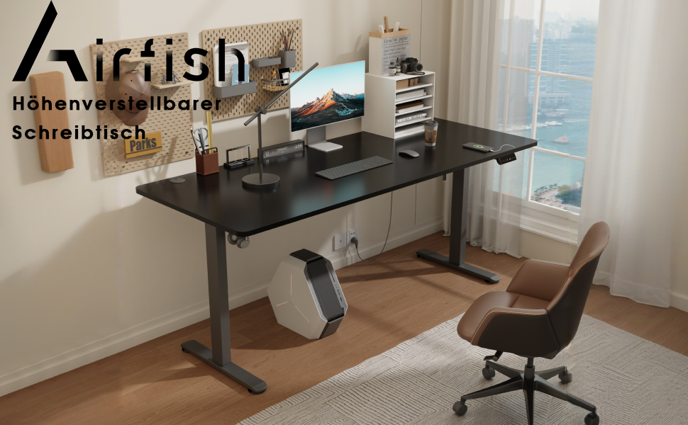 Електричний регульований стіл Airfish 140x70 см з кабельною системою та USB-портом, чорний. Офісний стіл, стоячий стіл з нагадуванням про сидячий режим.