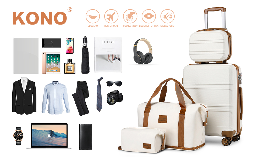 Набір валіз KONO 4 в 1: велика валіза, ручна валіза 55 см, косметичка, сумка для ручної поклажі (кремовий)
