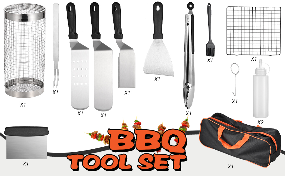 Набір гриль-посуду 14 предметів з нержавіючої сталі: щипці, лопатка, шпатель, кейс, килимок та 2 пляшки для соку. Ідеальний подарунок для чоловіків, для саду та кемпінгу.
