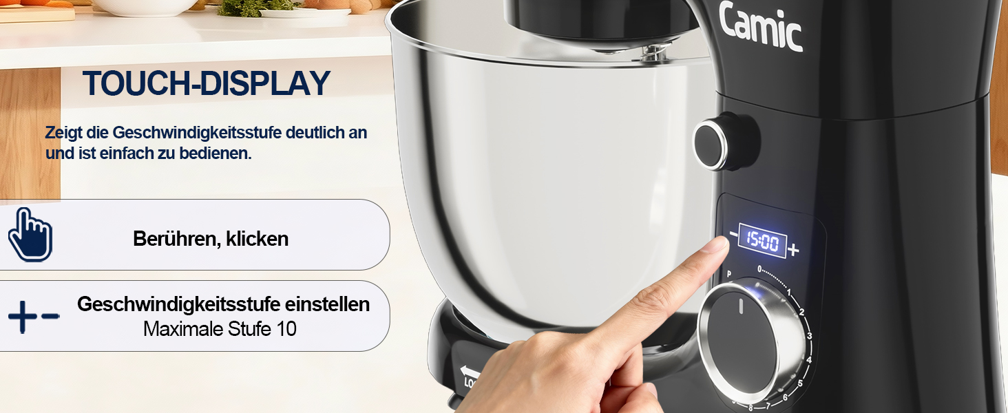 Кухонний комбайн-міксер Camic з LED-дисплеєм, 10 швидкостей, 3 насадки (вінчик, міксер, гак) та 2 чашами з нержавіючої сталі 4л і 5л для тіста, хліба та тортів, чорний
