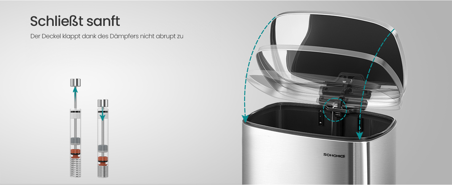 Відро для сміття SONGMICS 50 літрів з педаллю, нержавіюча сталь, з м'яким закриттям, з внутрішнім відром