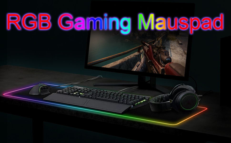 Килимок для миші ігровий RGB 800x300mm XXL, великий, з 14 режимами підсвічування, 7 LED кольорами, вологостійкий, з антиковзким покриттям для комп'ютера, ПК, професійних геймерів, чорний