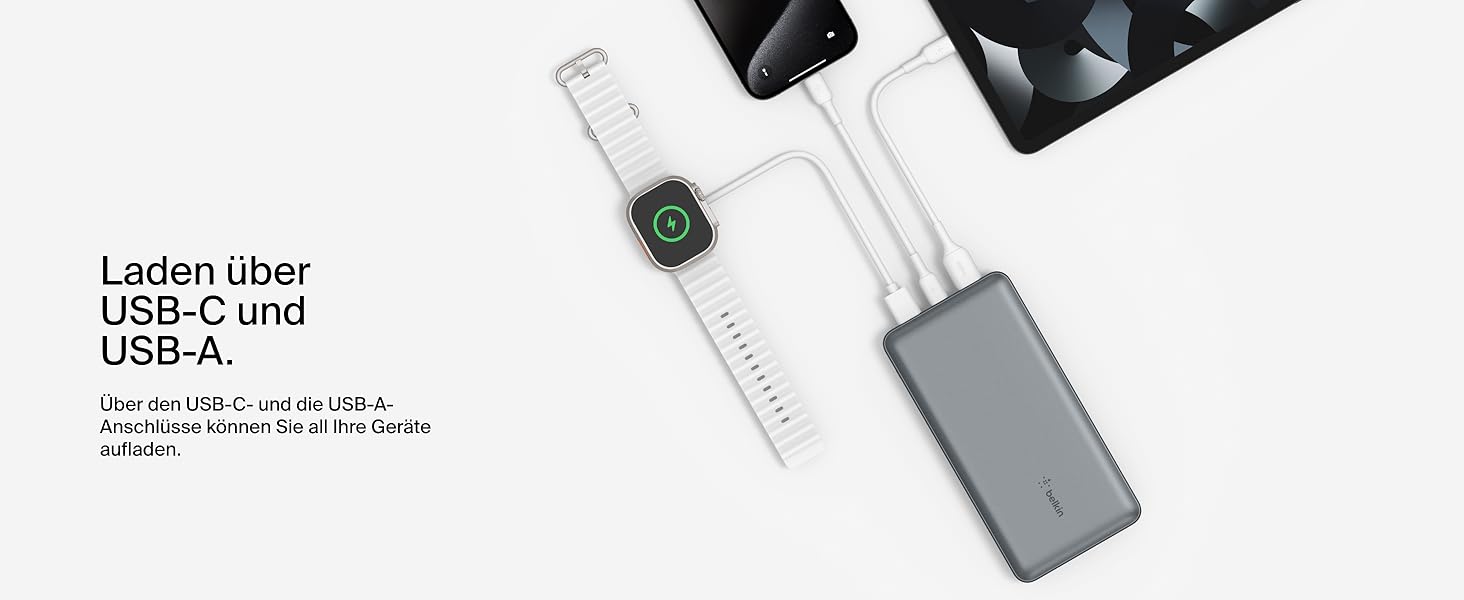 Powerbank Belkin 20000mAh з USB-C та USB-A, 20K, сірий, для iPhone, Galaxy, Pixel, iPad, AirPods