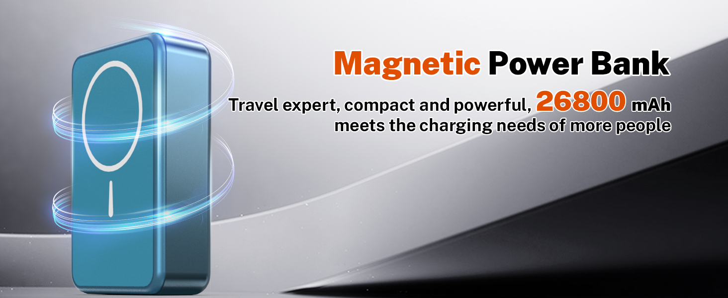 Магнітний Power Bank бездротової зарядки 26800mAh, швидка портативна зарядка з USB-C, для iPhone 16/15/4/13/12 та Android