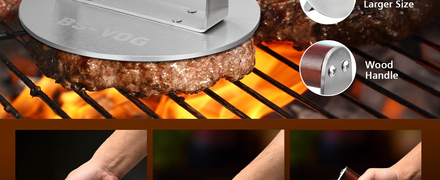 Пресс для бургера з нержавіючої сталі з дерев'яною ручкою, 15.24 см - Burger Smasher для м'яса, котлет, стейка, бекону, подарунковий набір