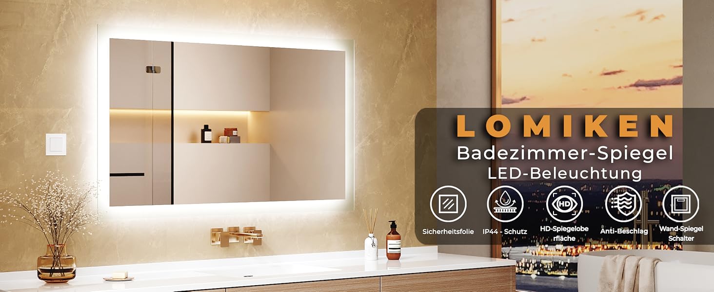 Дзеркало для ванної кімнати з підсвічуванням 60x50x3,5 см, LED, 6400K, холодний білий, економія енергії, вертикальне/горизонтальне кріплення, вимикач на стіні, матові краї