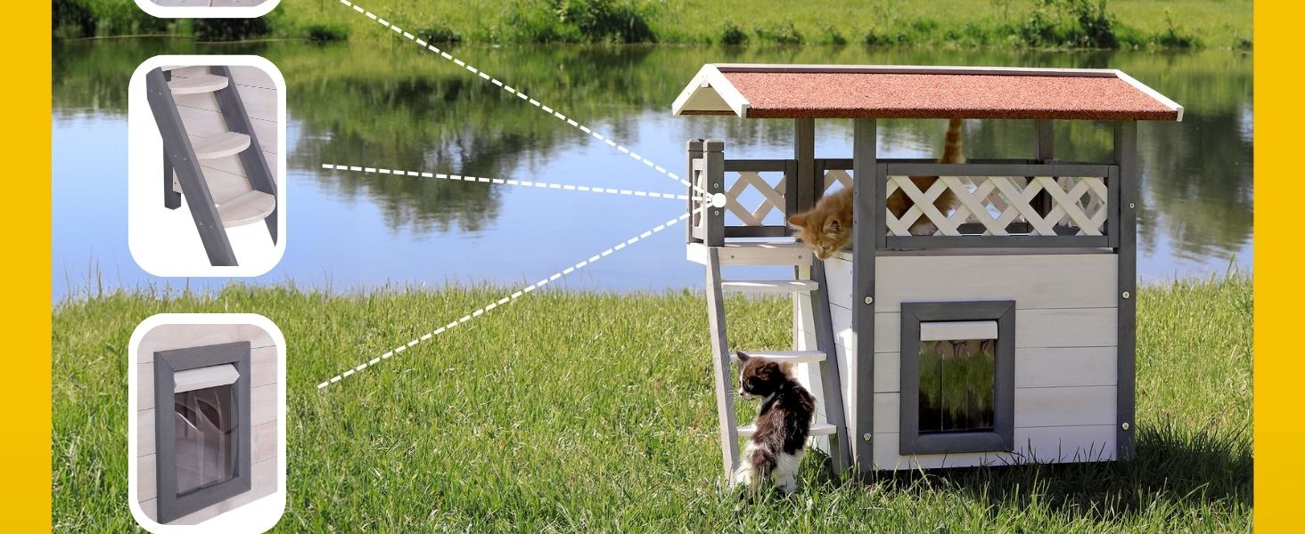 Кішковий будиночок Lionto з терасою та сходами, вуличний, сірий/білий, 77x50x73 см