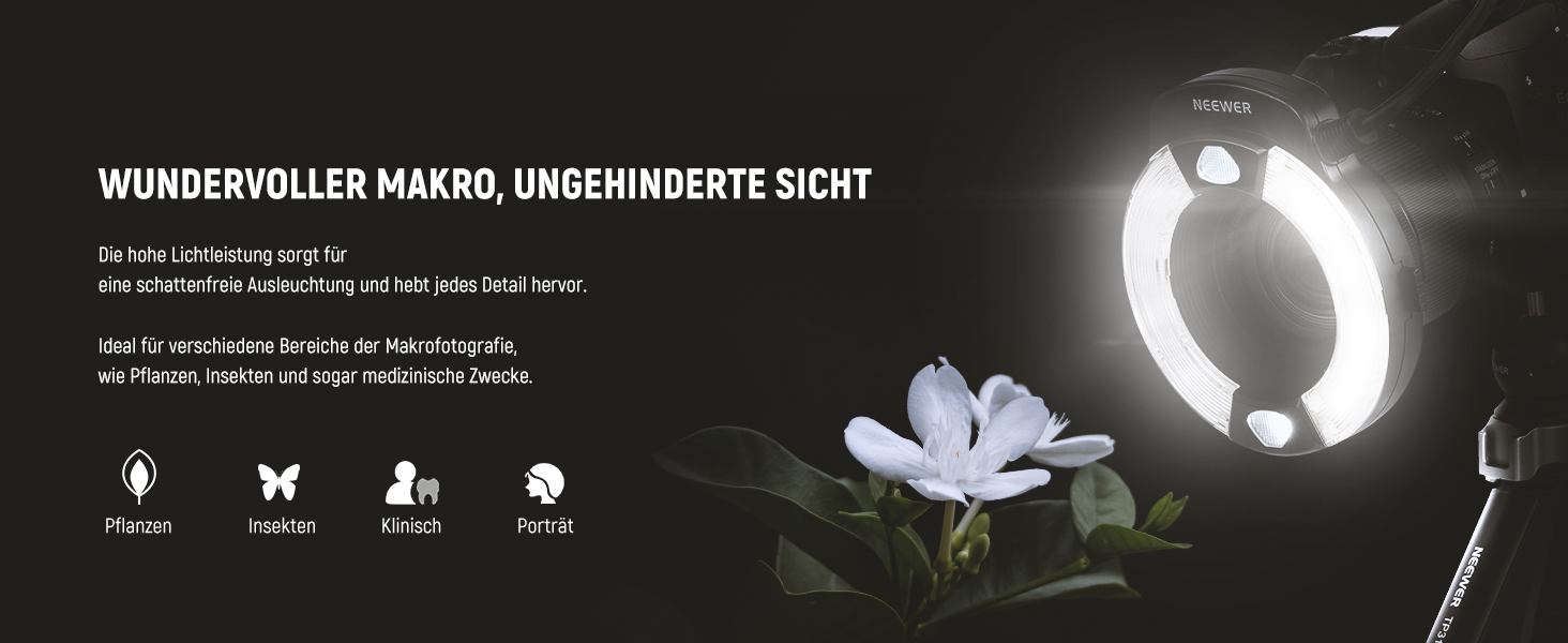 NEEWER RF1-S Макро спалах кільцеве світло для Sony камери, 76W, GN15, 5600K, TTL, 1-1/128, передня/задня синхронізація, кольорові гелі, об'єктивні адаптери, кільця для макрофотографії та студійних фото