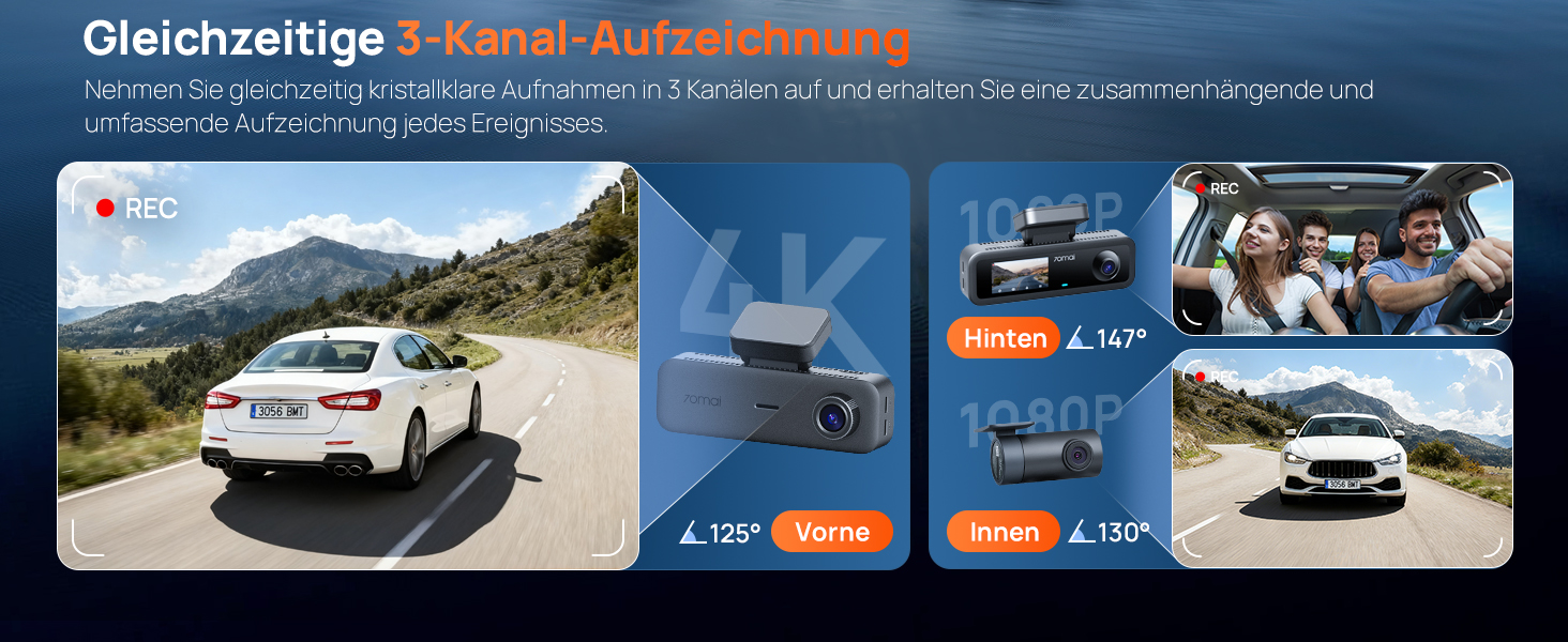 Автомобільний відеореєстратор 70mai T800E 4K 3-канальний (передній, внутрішній, задній) з HDR, ІЧ-нічним баченням, GPS, WiFi 6 та карткою пам'яті 64GB