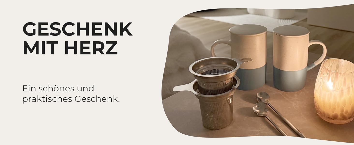 Набір чайних чашок Miamio 2 x 500 мл з кришкою та ситом, з чайним ситечком та ложкою, для заварювання листового чаю, подарунок для жінок, безпечно для мікрохвильової печі та посудомийної машини (блакитний)