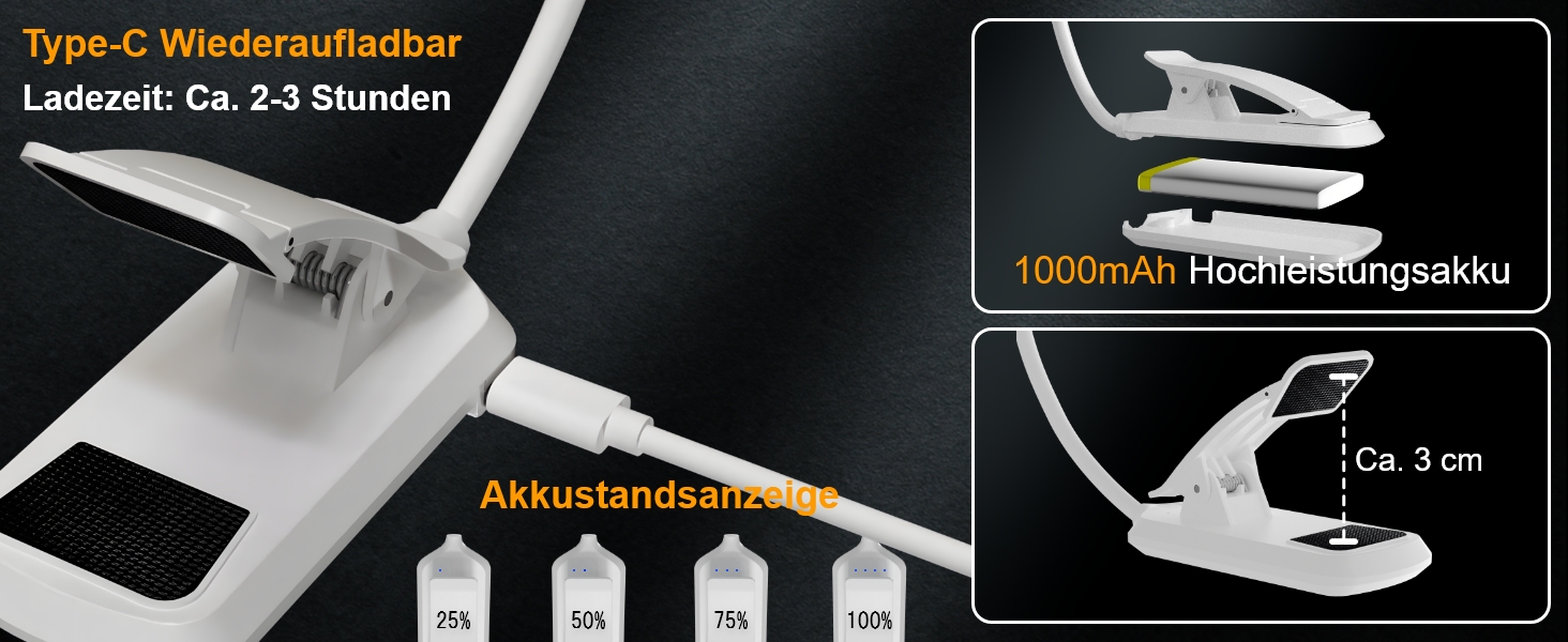 USB LED лампа для читання з кліпсою, 3 режими температури кольору, регульована яскравість, гнучка на 360°, для ліжка, столу та подорожей, біла